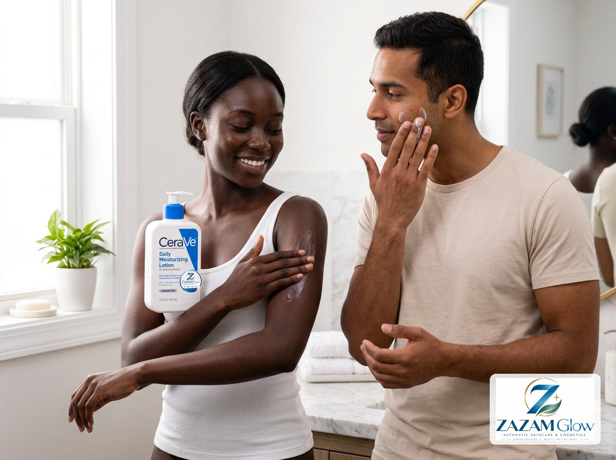 Two people applying CeraVe Daily Moisturizing Lotion in a bright bathroom