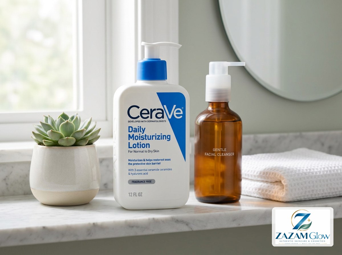 A tidy bathroom shelf with a moisturising lotion and a gentle cleanser