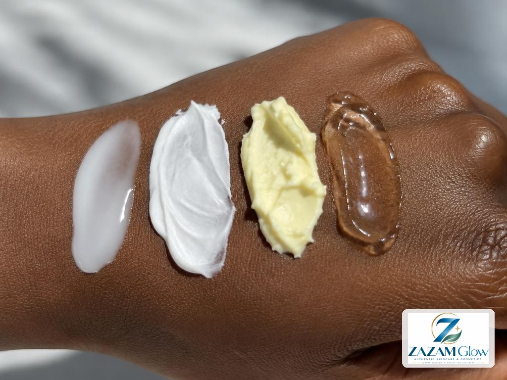 Four swatches on a hand showing lotion, cream, butter and ointment textures