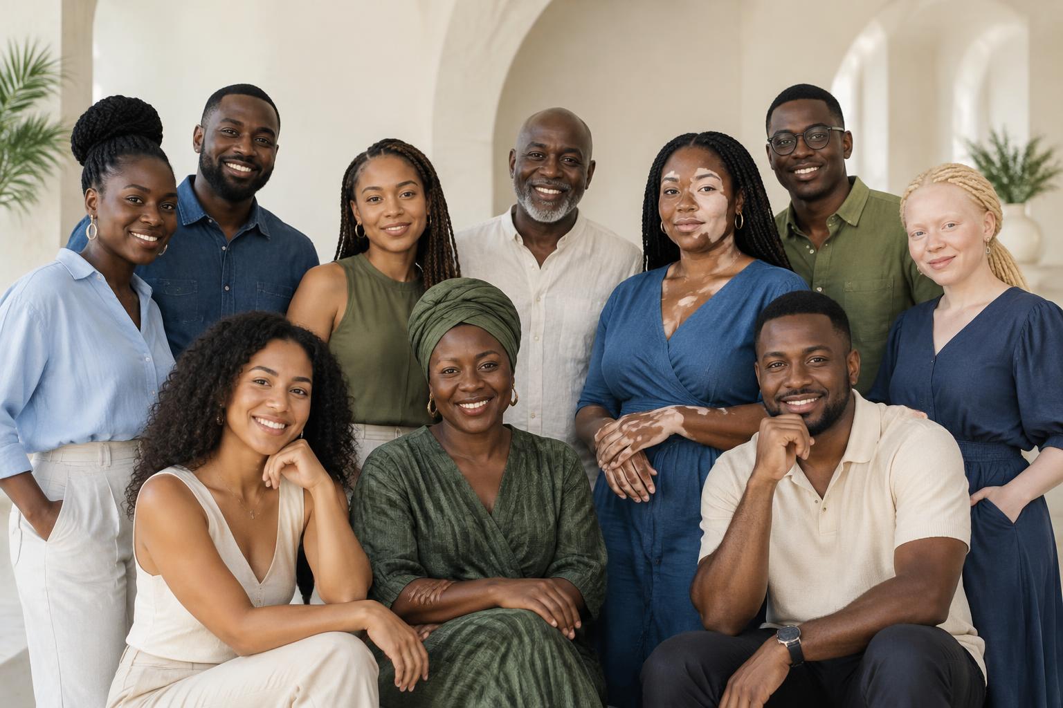 AI-generated group portrait of ten adults with varied skin tones and textures, including people depicted with vitiligo and albinism