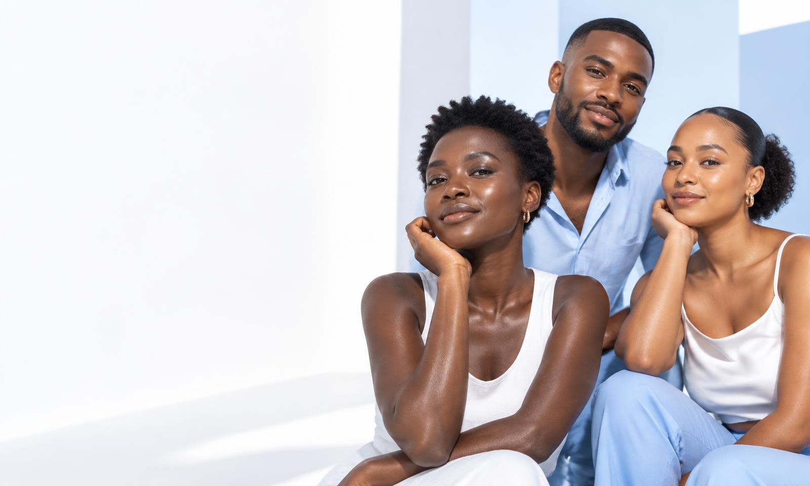 Three people with varied skin tones in a bright skincare editorial portrait